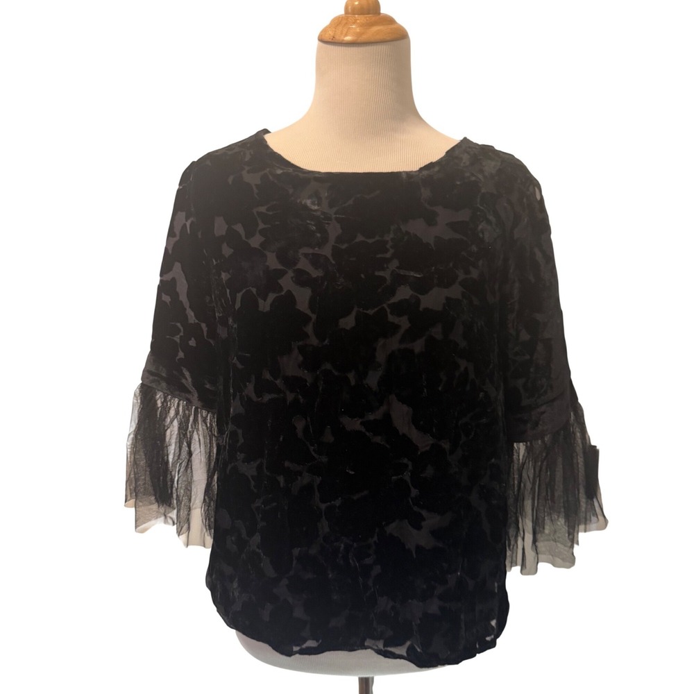 Supply Demand Black‎ Velvet Floral Mesh Bell Sleeve Top Women's Size M